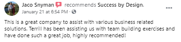 Testimonial success by design Jaco review on team builds for Success By Design