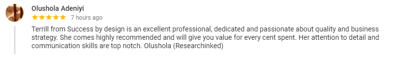 Testimonial success by design Olu google review 3 March 2021